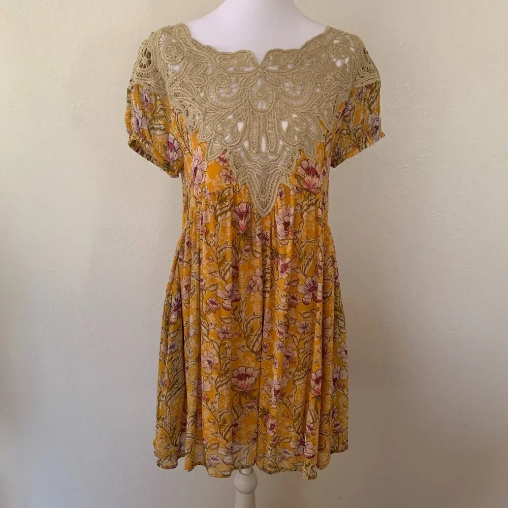 Free People Margot Floral Babydoll Mini Dress XS Yellow Lace Pockets